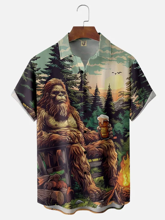 Moisture Wicking Camping Beer Bigfoot Chest Pocket Hawaiian Shirt