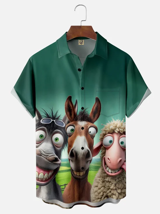 Moisture Wicking Funny Donkey Horse Sheep Chest Pocket Hawaiian Shirt