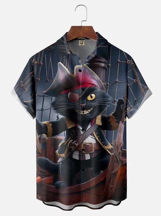 Moisture Wicking Pirate Cat Chest Pocket Hawaiian Shirt