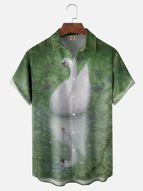 Moisture-wicking Fantasy Swan Art Chest Pocket Casual Shirt