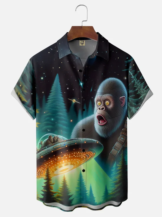 Moisture Wicking Ombre UFO Bigfoot Chest Pocket Hawaiian Shirt