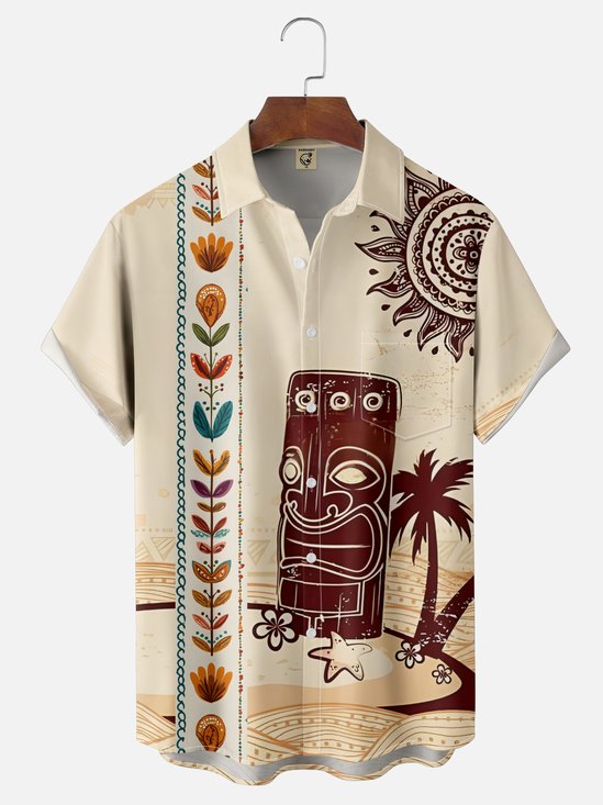 Moisture-wicking Tiki Coconut Tree Chest Pocket Bowling Shirt