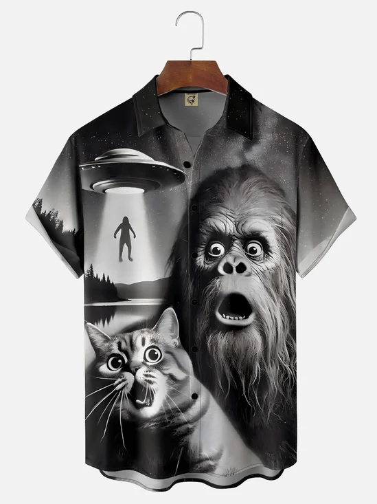 Moisture Wicking Funny UFO Bigfoot Cat Chest Pocket Hawaiian Shirt