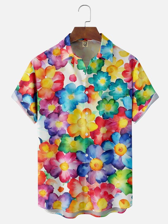 Moisture Wicking Tropical Plants Gradient Watercolor Floral Chest Pocket Hawaiian Shirt