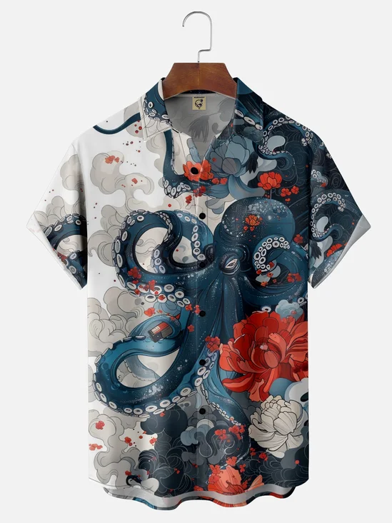 Moisture-wicking Octopus Floral Chest Pocket Hawaiian Shirt