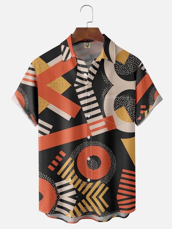 Moisture Wicking Geometric Color Block Chest Pocket Hawaiian Shirt