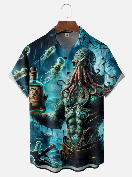 Moisture Wicking Octopus Pirate Cthulhu Chest Pocket Hawaiian Shirt