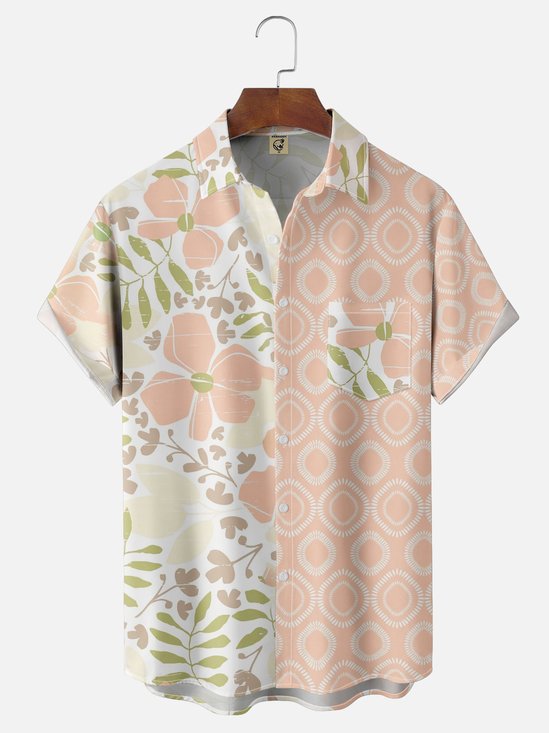 Moisture Wicking Tropical Floral Geometric Chest Pocket Hawaiian Shirt