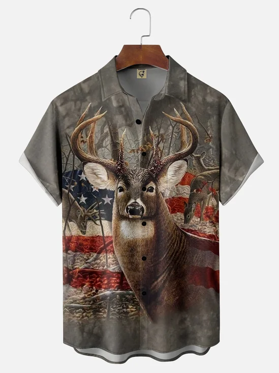 Moisture Wicking American Forest Deer Chest Pocket Hawaiian Shirt
