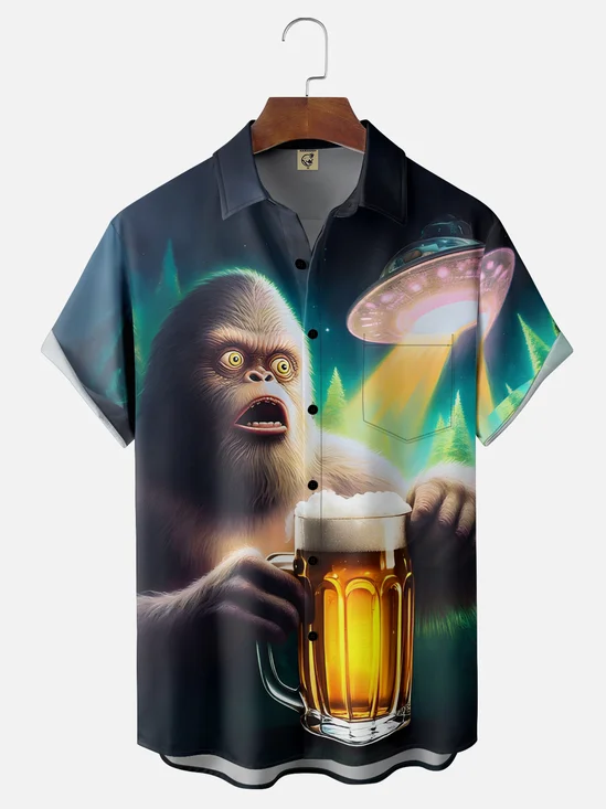 Moisture Wicking Fun UFO Bigfoot Beer Chest Pocket Hawaiian Shirt