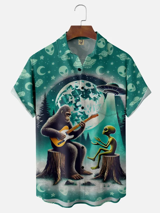Moisture Wicking Rock Bigfoot Guitar Alien Chest Pocket Hawaiian Shirt