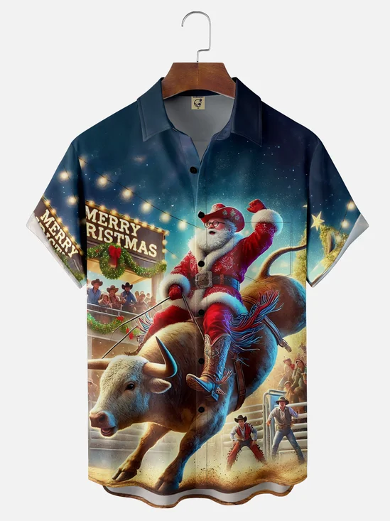 Moisture-Wicking Christmas Santa Bulldog Chest Pocket Hawaiian Shirt