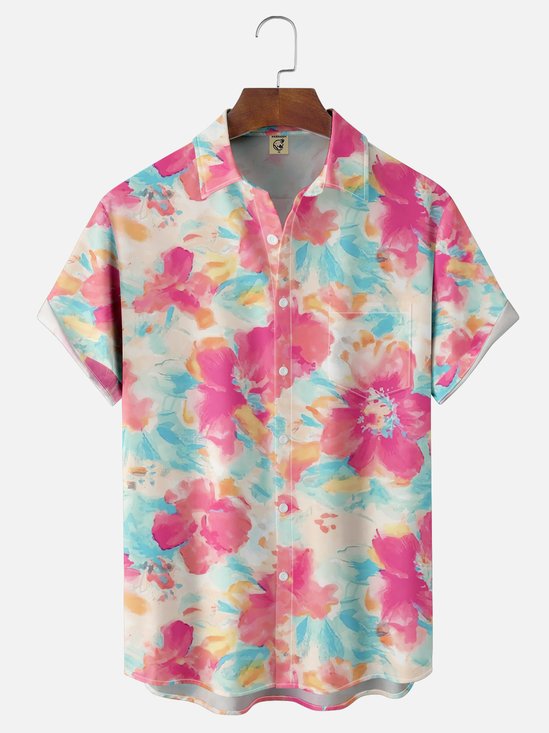 Moisture Wicking Tropical Greens Ombre Floral Chest Pocket Hawaiian Shirt
