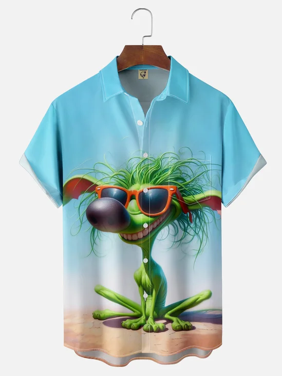 Moisture Wicking Seaside Fun Green Dog Chest Pocket Hawaiian Shirt