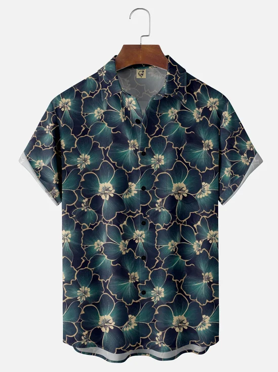 Moisture Wicking Gradient Gold Edge Floral Chest Pocket Hawaiian Shirt
