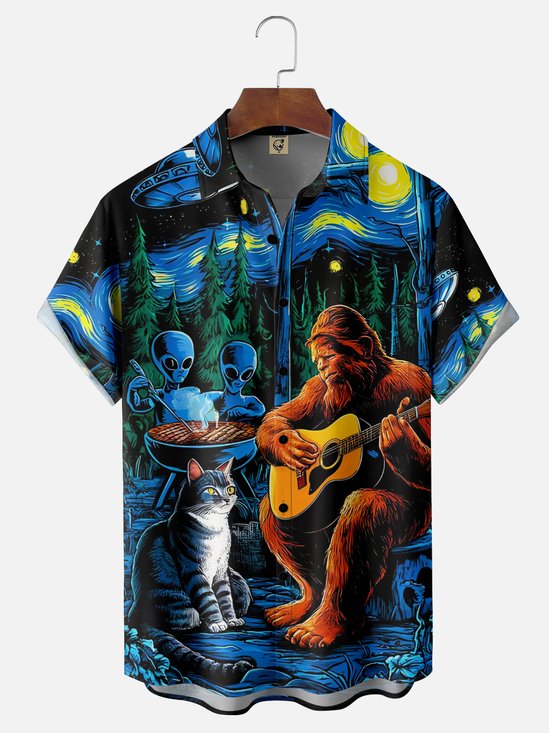 Moisture Wicking BBQ UFO Bigfoot Cat Art Chest Pocket Hawaiian Shirt
