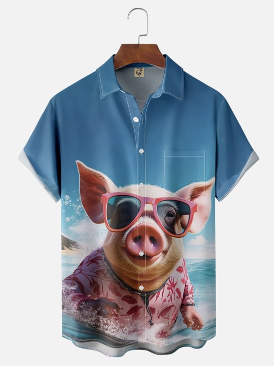 Moisture-Wicking Surf Pig Chest Pocket Hawaiian Shirt