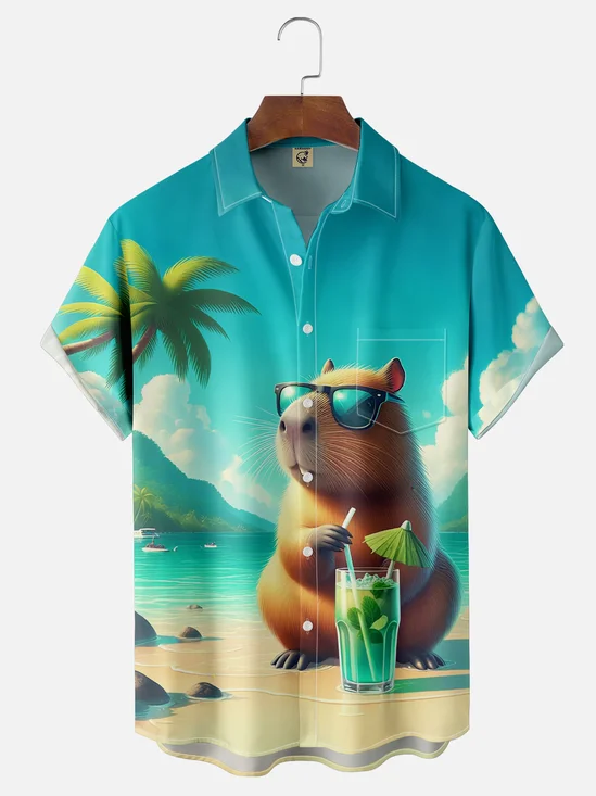 Moisture Wicking Beach Capibara Chest Pocket Hawaiian Shirt