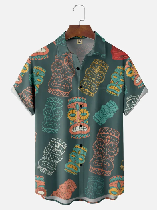 Moisture-wicking Tiki Chest Pocket Hawaiian Shirt