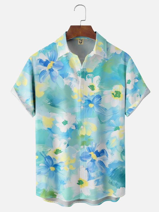 Moisture Wicking Tropical Greens Ombre Floral Chest Pocket Hawaiian Shirt