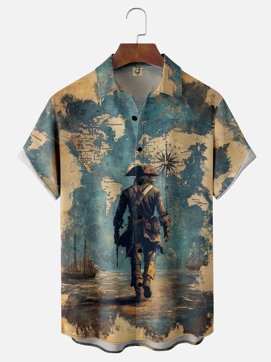 Moisture Wicking Vintage Pirate Map Chest Pocket Hawaiian Shirt