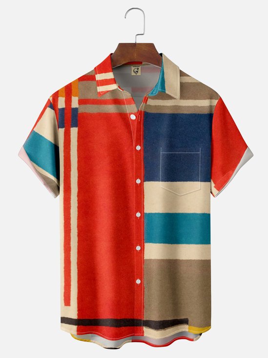 Moisture Wicking Geometric Color Block Chest Pocket Hawaiian Shirt
