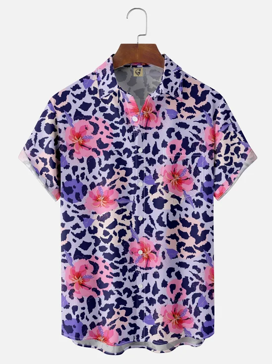 Moisture Wicking Leopard Floral Chest Pocket Hawaiian Shirt