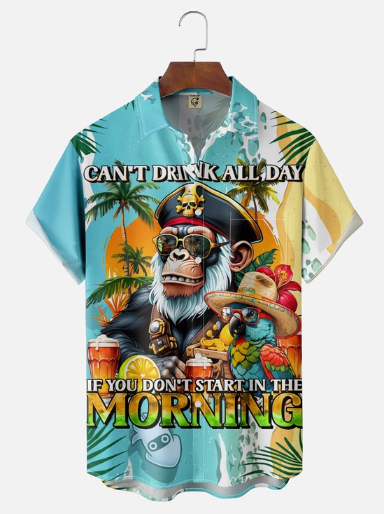 Moisture Wicking Beach Orangutan Parrot Chest Pocket Hawaiian Shirt