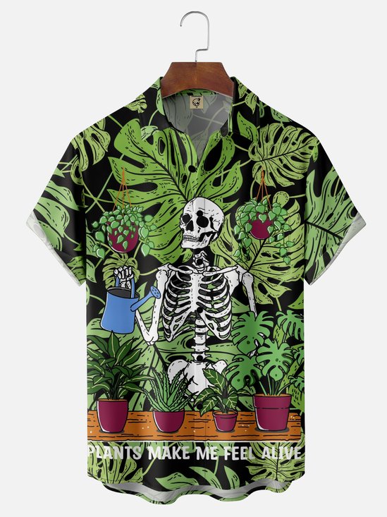 Hardaddy X Kimprut Imut Moisture-wicking Monstera Potted Plants Skull Chest Pocket Hawaiian Shirt