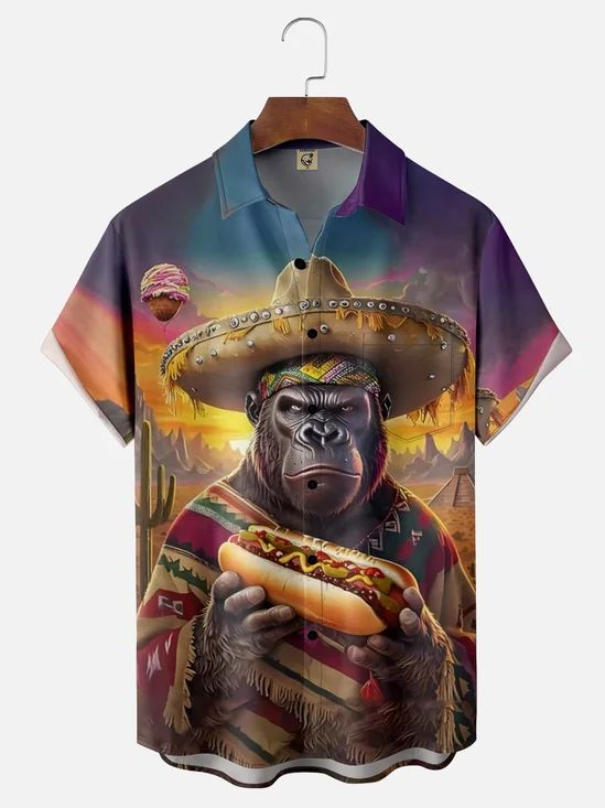 Moisture Wicking Hot Dog Festival Bigfoot Chest Pocket Hawaiian Shirt