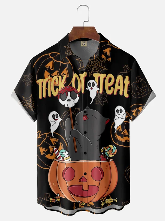 Hardaddy X Kimprut Imut Moisture-wicking Halloween Cat Ghost Chest Pocket Hawaiian Shirt