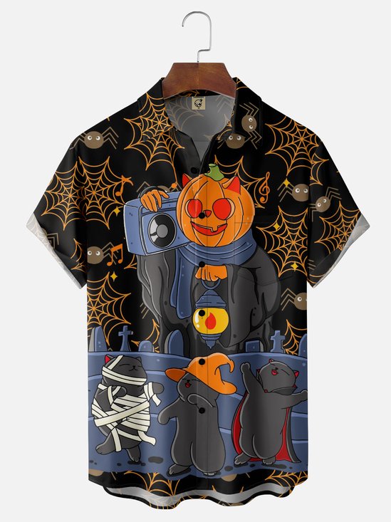 Hardaddy X Kimprut Imut Moisture-wicking Halloween Cat Chest Pocket Hawaiian Shirt