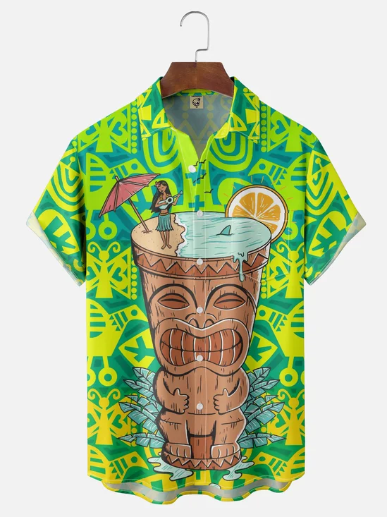 Hardaddy X Coffee Man Moisture-wicking Tiki Hula Girl Chest Pocket Hawaiian Shirt
