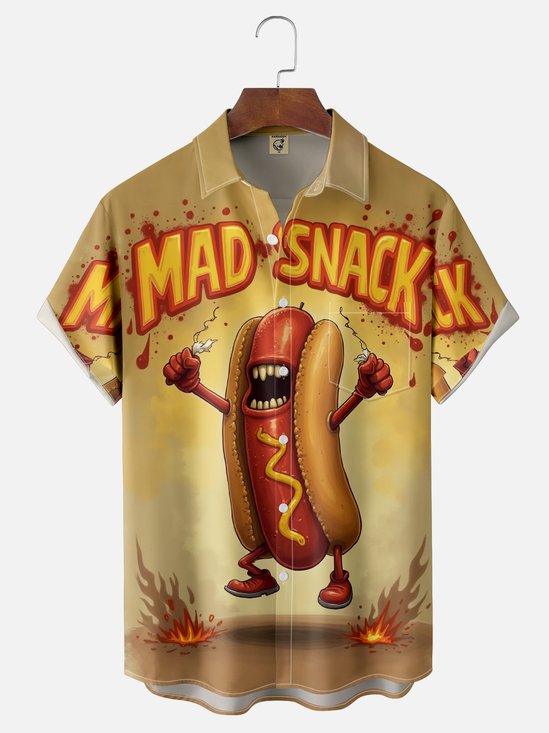 Moisture Wicking Fun Hot Dog Festival Chest Pocket Hawaiian Shirt