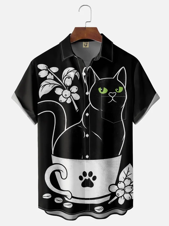 Hardaddy X Coffee Man Moisture Wicking Cat Chest Pocket Hawaiian Shirt