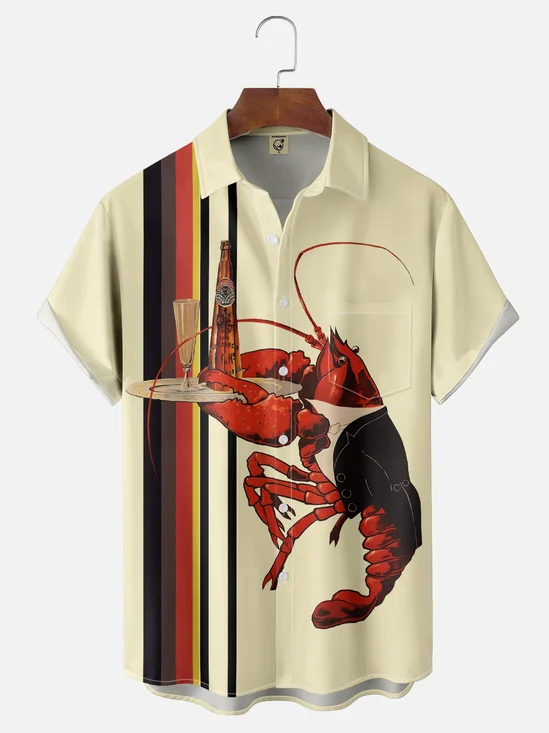 Moisture Wicking Striped Lobster Chest Pocket Bowling Shirt