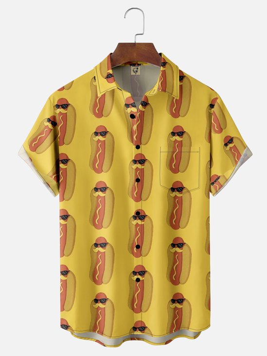 Moisture Wicking Fun Hot Dog Festival Chest Pocket Hawaiian Shirt
