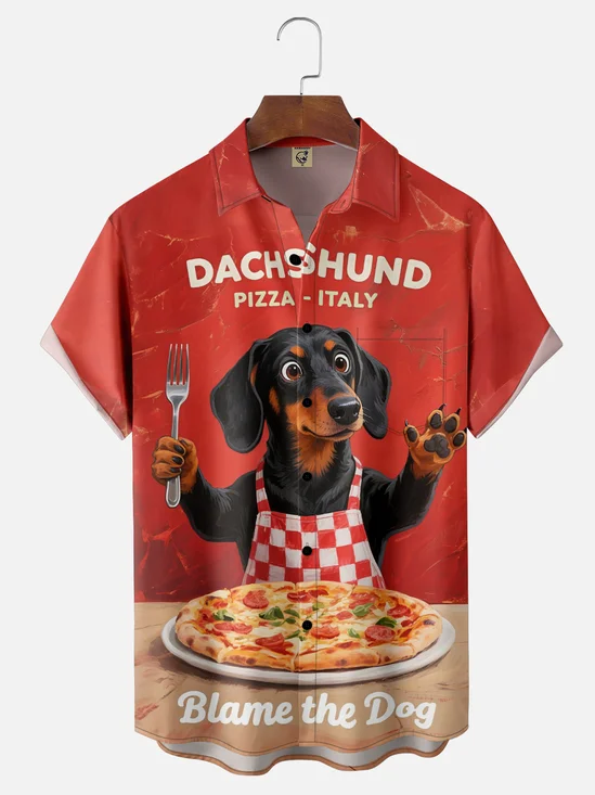 Moisture Wicking Eating Pizza Dachshund Chest Pocket Hawaiian Shirt