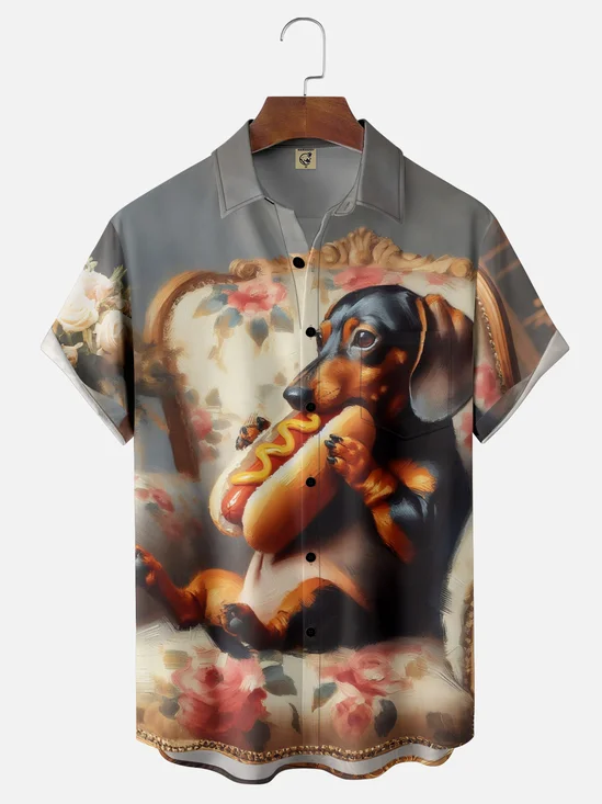 Moisture Wicking Eating Hot Dog Dachshund Chest Pocket Hawaiian Shirt