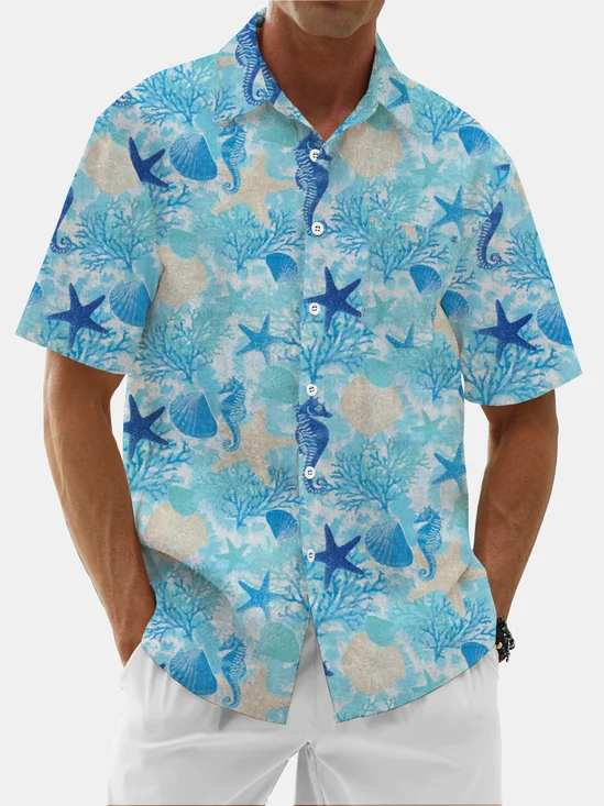 Moisture Wicking Vintage Coral Starfish Seahorse Hawaiian Shirt