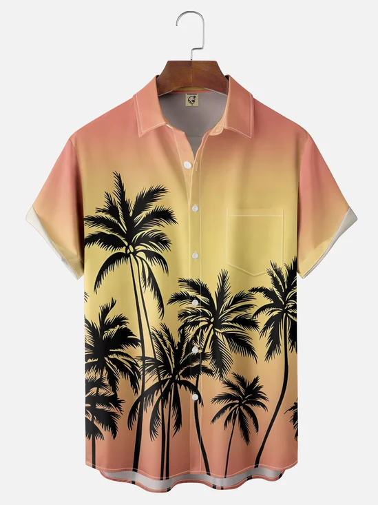 Moisture-wicking Coconut Tree Gradient Color Chest Pocket Hawaiian Shirt