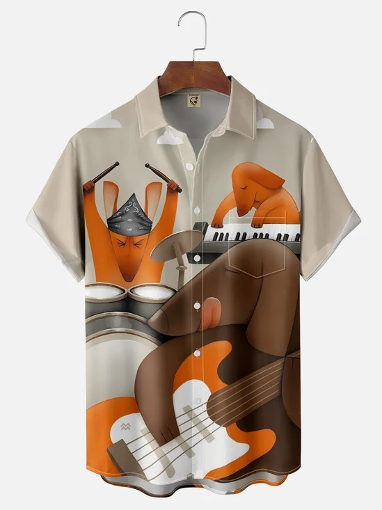 Moisture-wicking Music Guitar Keyboard Drums Dogs Chest Pocket Casual Shirt
