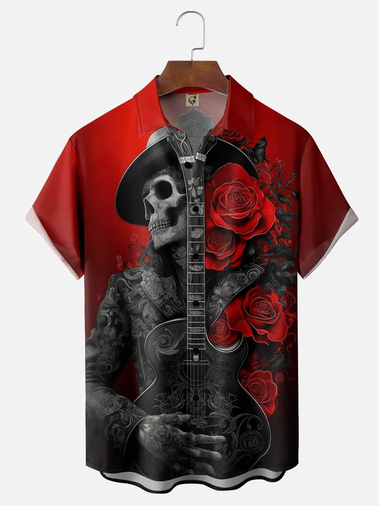 Moisture-wicking Music Rock Roll Skull Guitar Chest Pocket Casual Shirt