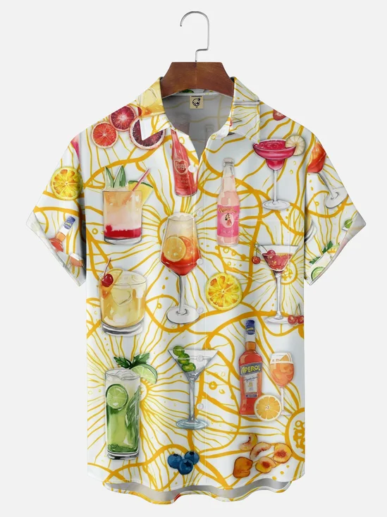 Moisture-wicking Cocktail Flowers Chest Pocket Hawaiian Shirt