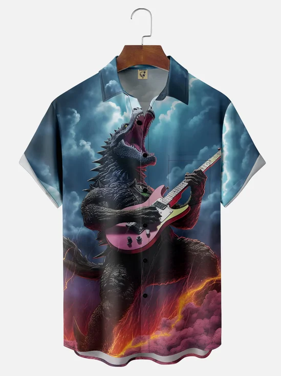 Moisture-wicking Music Rock Godzilla Guitar Chest Pocket Casual Shirt