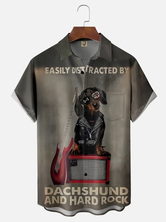 Moisture-wicking Hard Rock Dachshund Dog Chest Pocket Casual Shirt