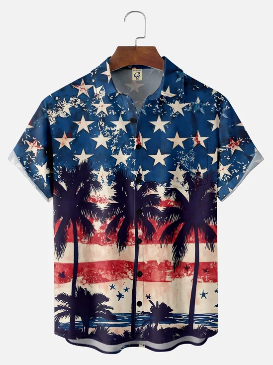 Big Size Moisture-wicking American Flag Palm Tree Chest Pocket Hawaiian Shirt