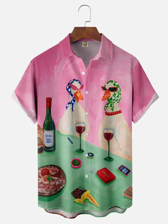 Moisture-wicking Animal Wine Funny Chest Pocket Hawaiian Shirt