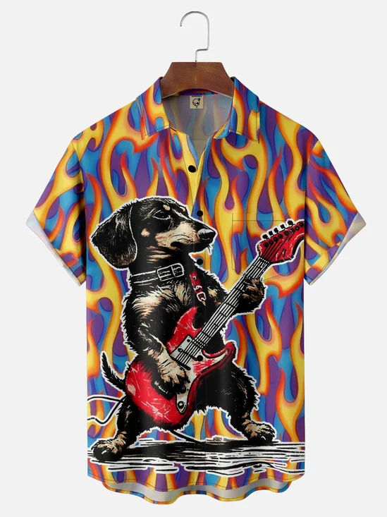 Moisture-wicking Rock Roll Music Guitar Dog Chest Pocket Casual Shirt
