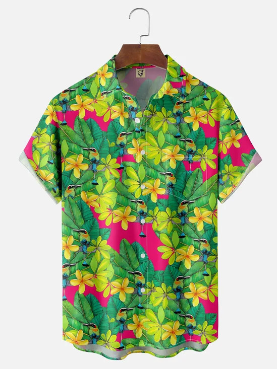 Moisture Wicking Vintage Floral Hummingbird Chest Pocket Hawaiian Shirt